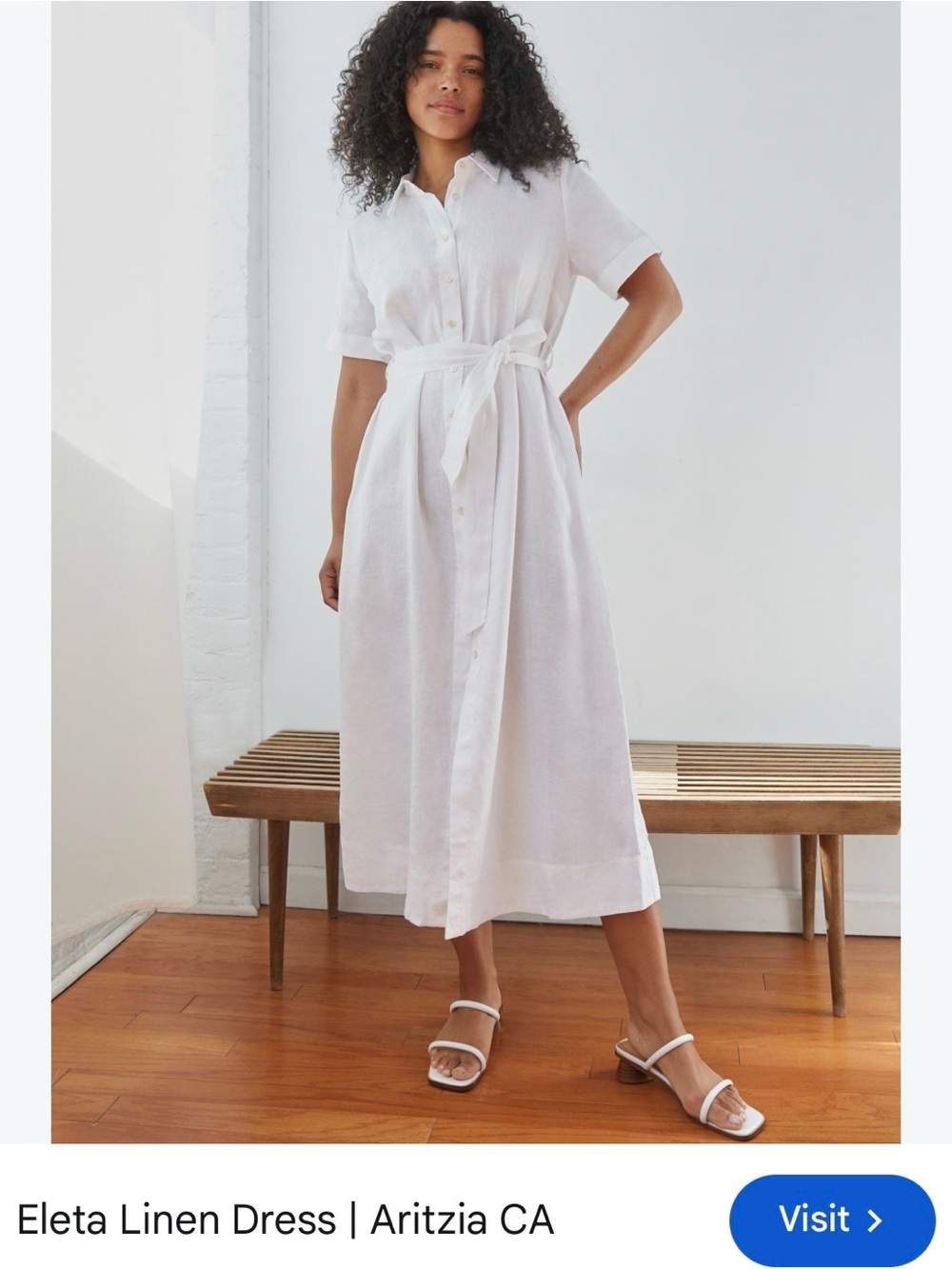Aritzia White Linen Button-Front Midi Dress with Tie Waist